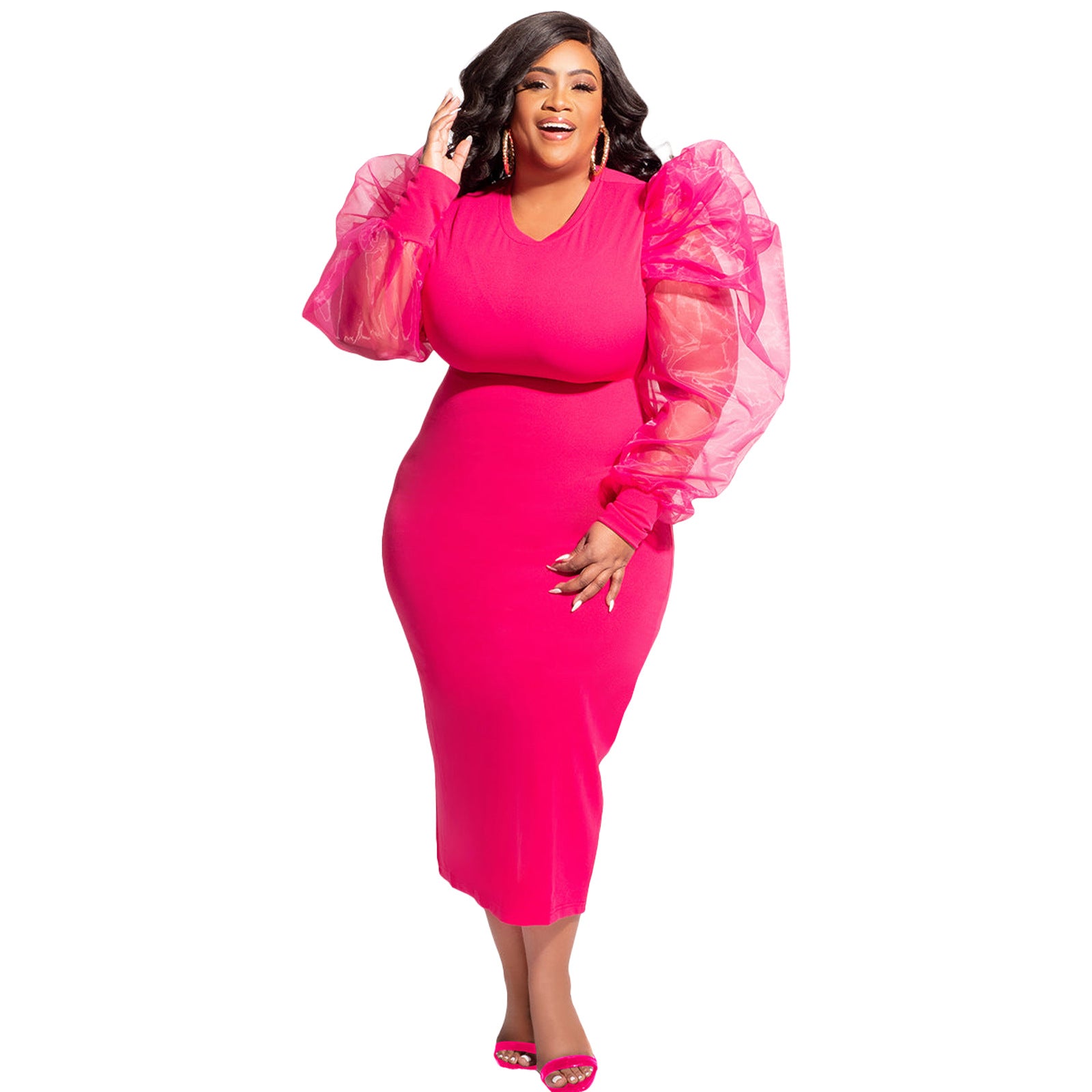 Fashion Solid Color Puff Mesh Long Sleeve V-Neck Plus Size Midi Dress 11