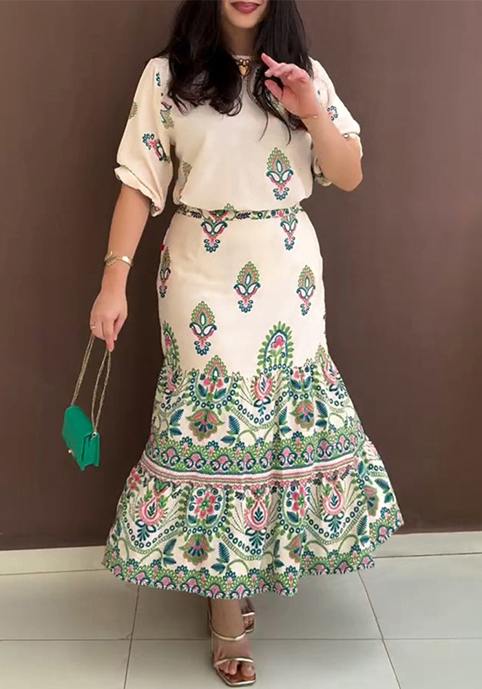 Women's Print Short Sleeve Top Maxi Ruffle Skirt Set