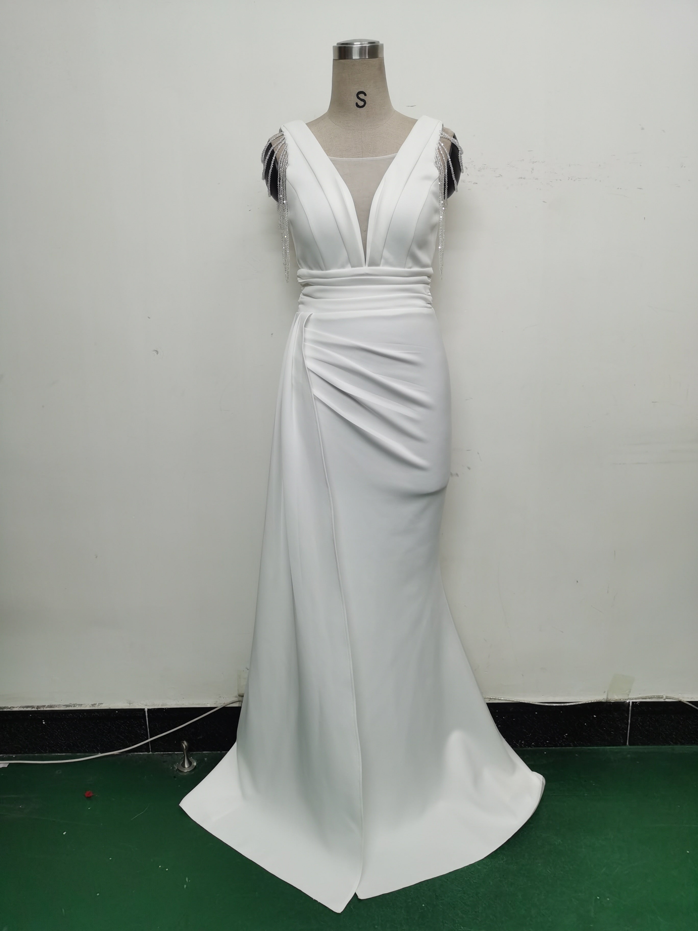 Women Satin Pleated Beaded Evening Dress 23