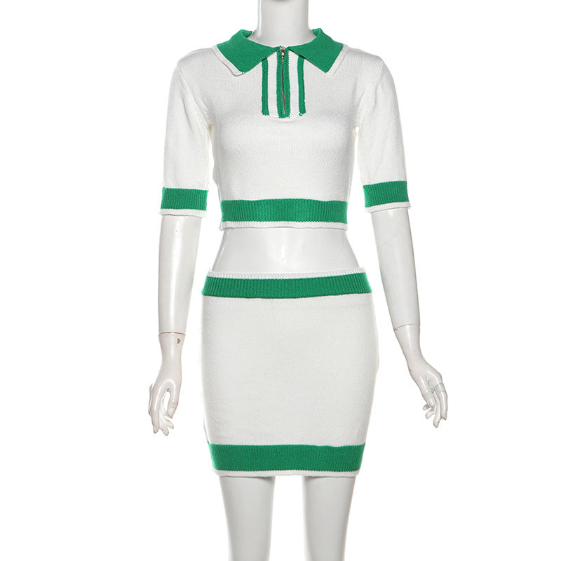 Women spring knitting Turndown Collar zipper sexy Crop Top and Bodycon Skirt two-piece set 6