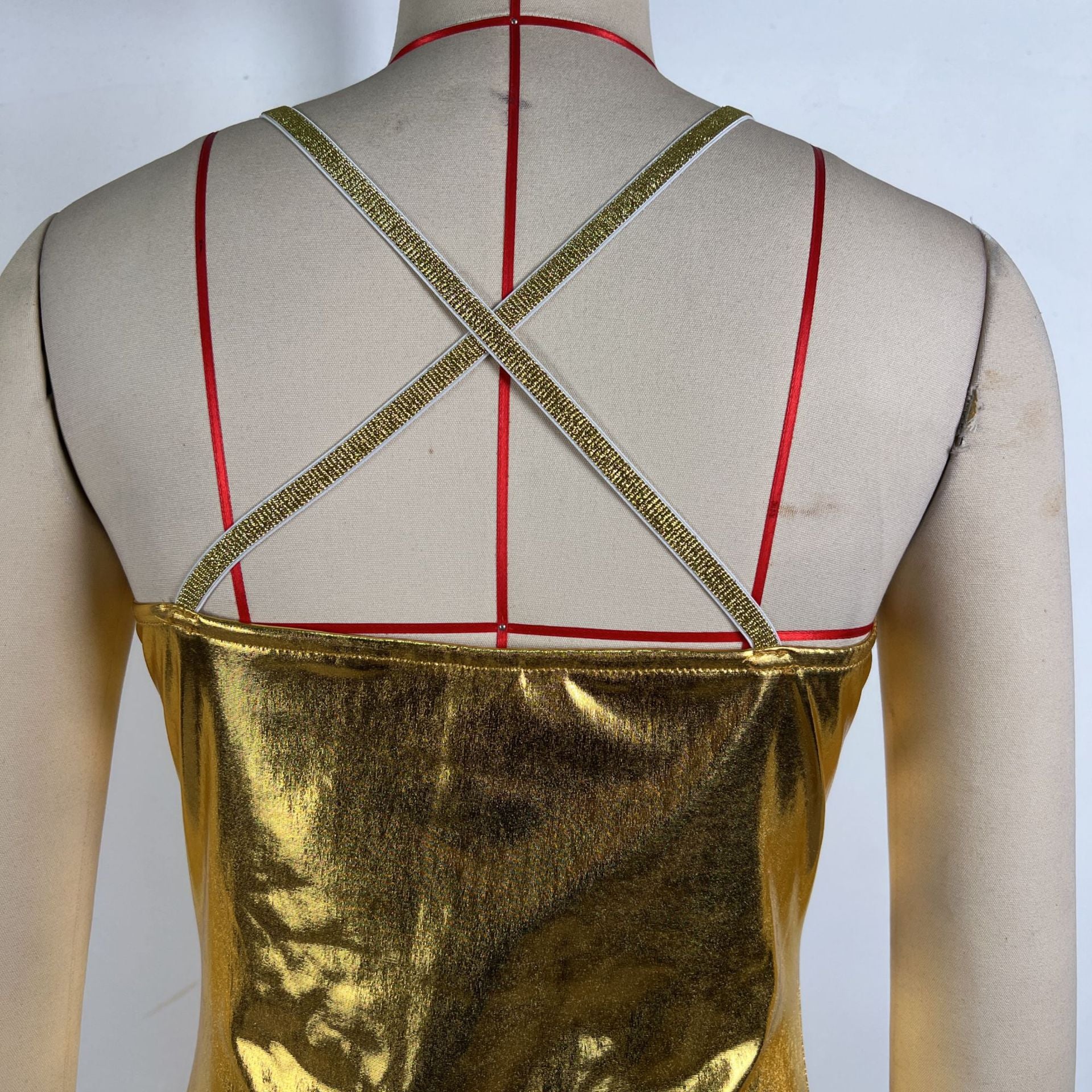 Women autumn shiny strapless sexy bodycon irregular strap Dress 12