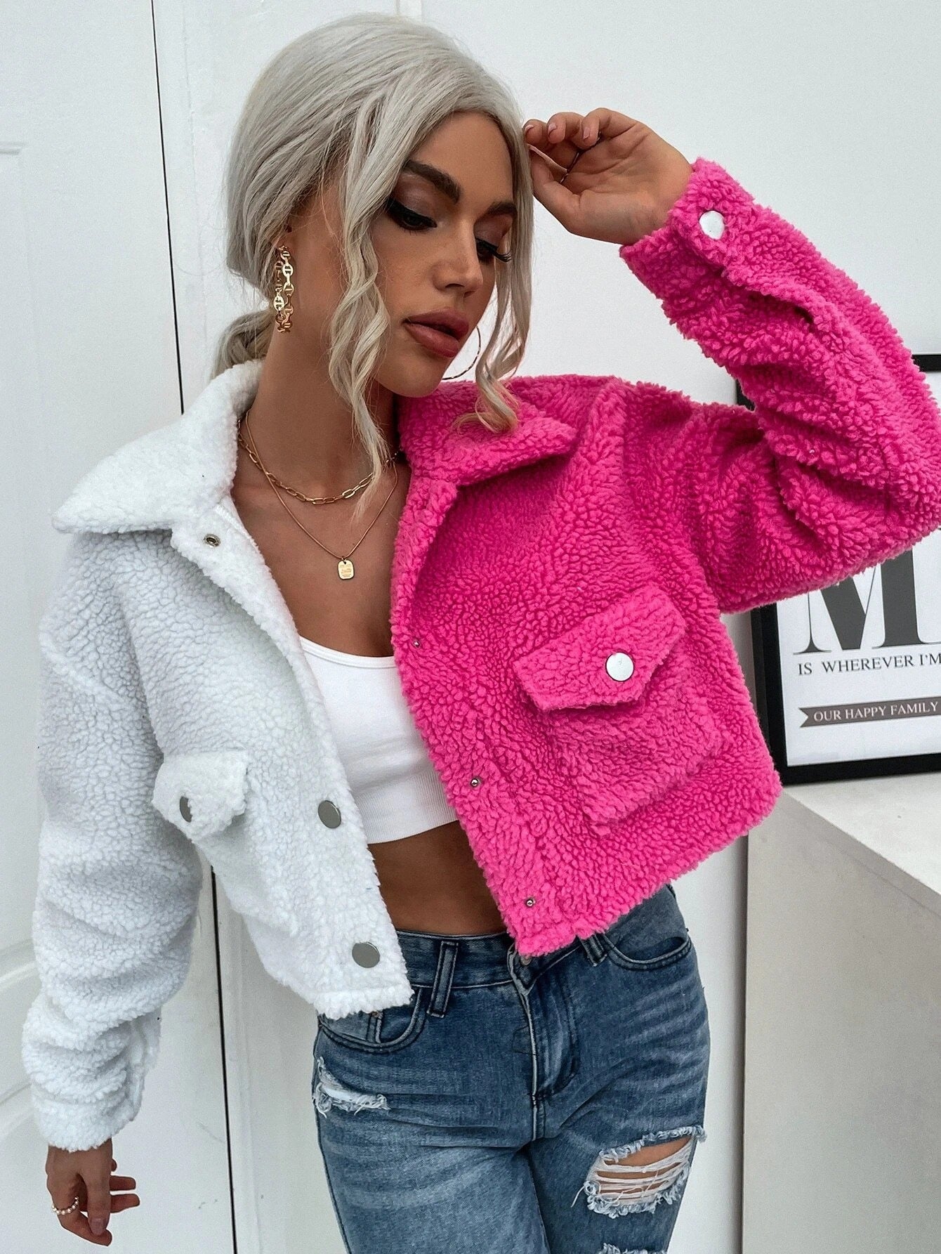 Winter Women's Fashion Contrast Color Patchwork Two-Color Plush Jacket 3