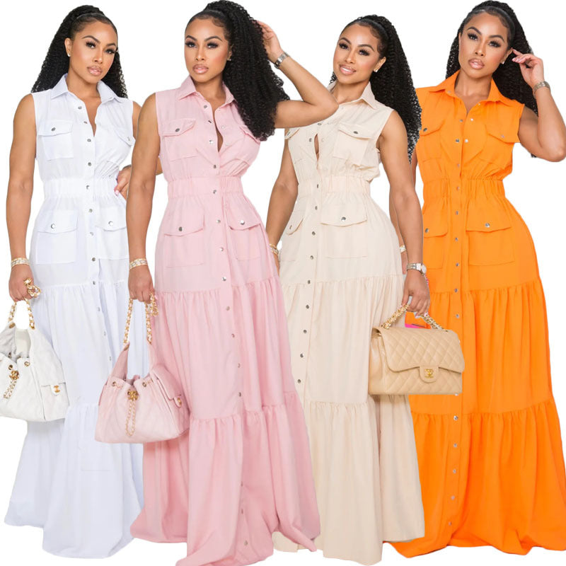 Women's Fashion Sexy Turndown Collar Single-Button Elastic Waist Flared Dress 10