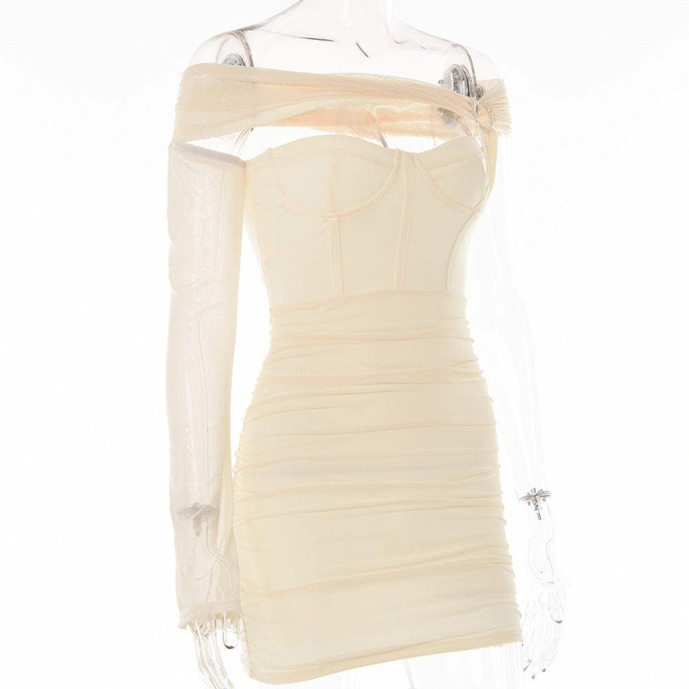 Women Sexy One Shoulder Sleeve Backless Strapless Dress 11