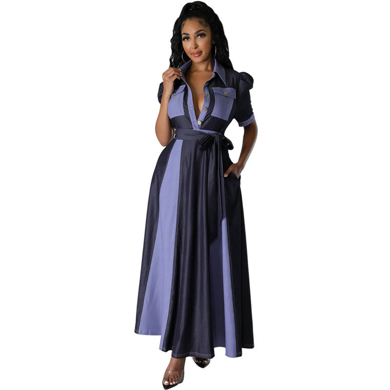 Women Contrast Color Short Sleeve Casual Dress 6