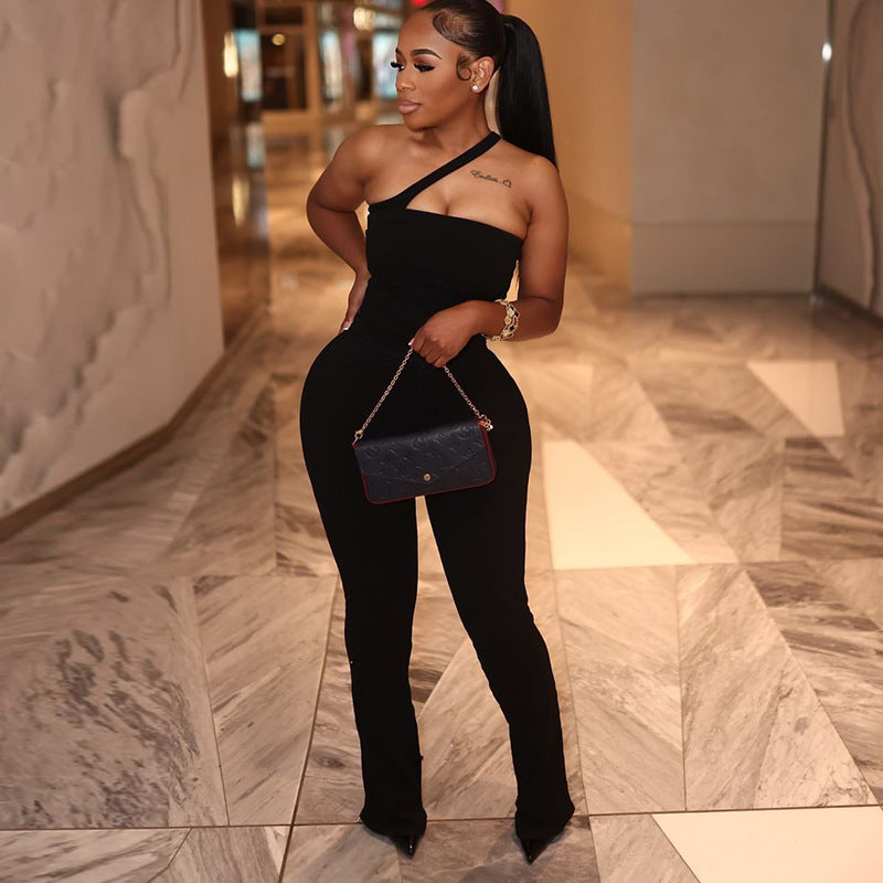 Women Backless Sexy Solid Sleeveless Slash Shoulder Jumpsuit