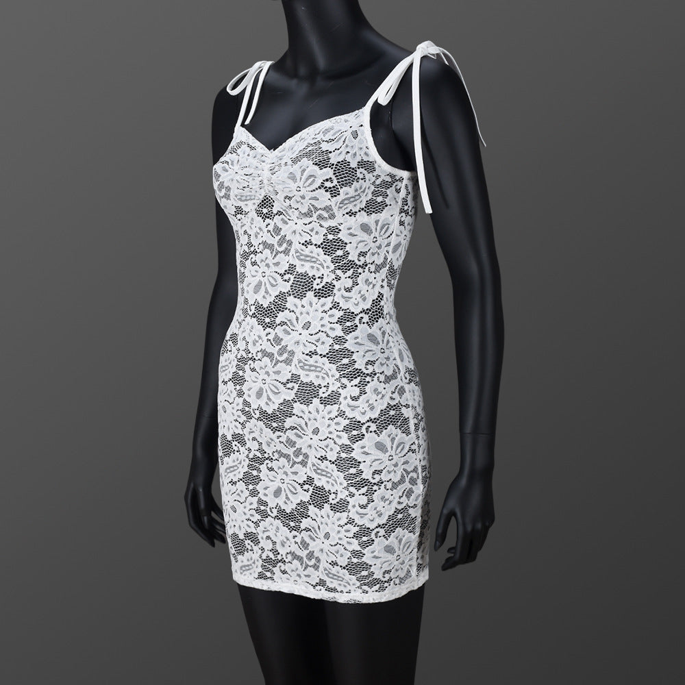 Women's See-Through slim Lace-Up Strap flower lace Bodycon dress 7