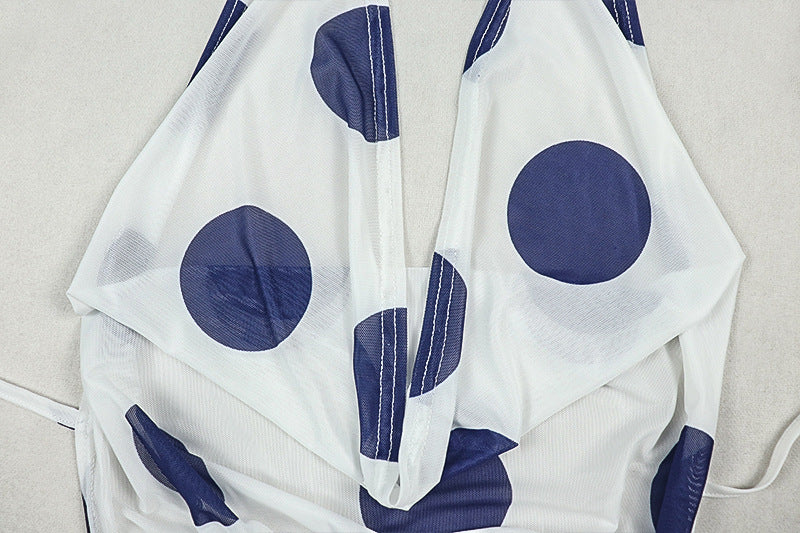 Black White Polka Dot Women's Slit Print Irregular High Neck Tie Low Back Dress 11