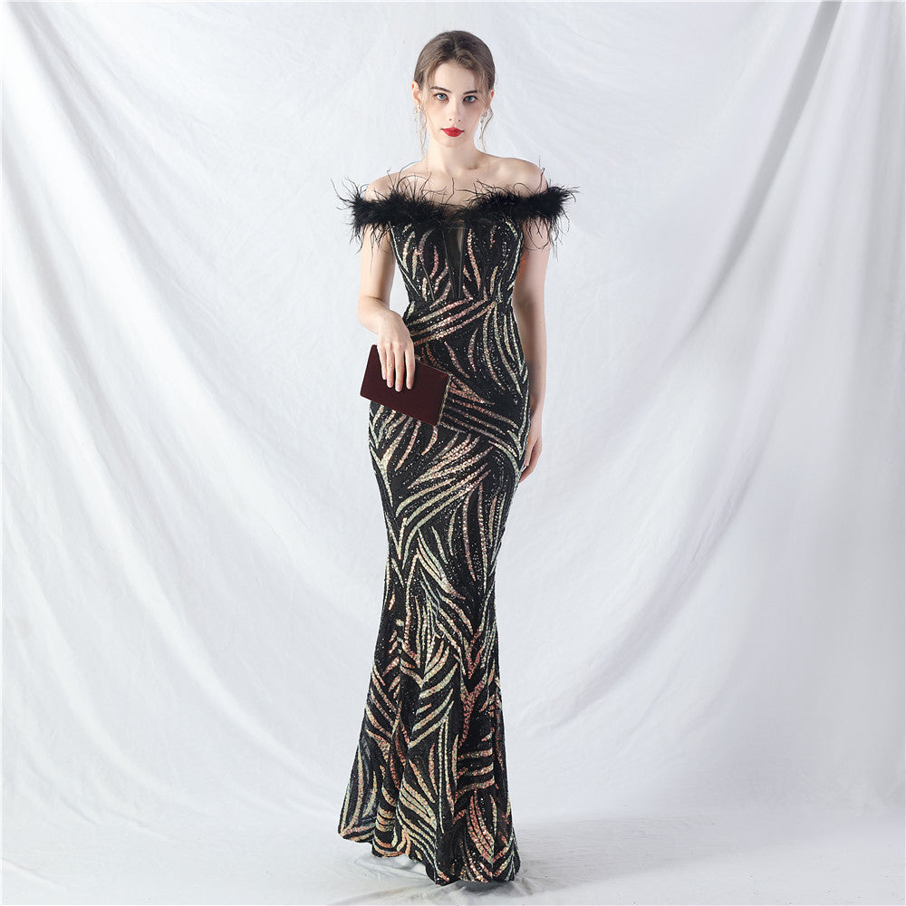 Fishbone Slim Waist Off Shoulder Feather Sequined Evening Dress 8