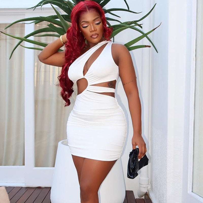 Women Casual Hollow Elegant Soild Sleeveless Slash Shoulder Bodycon Dress
