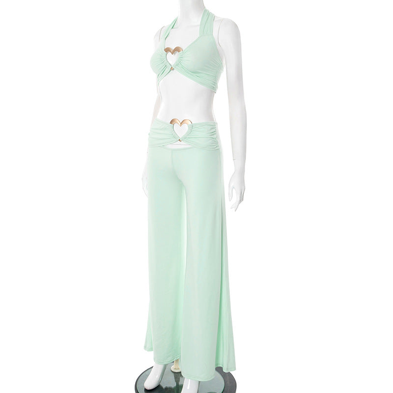 Women Spring and Summer Lace-Up Halter Neck Strapless Top and Gathered Pants Two-Piece Set 9