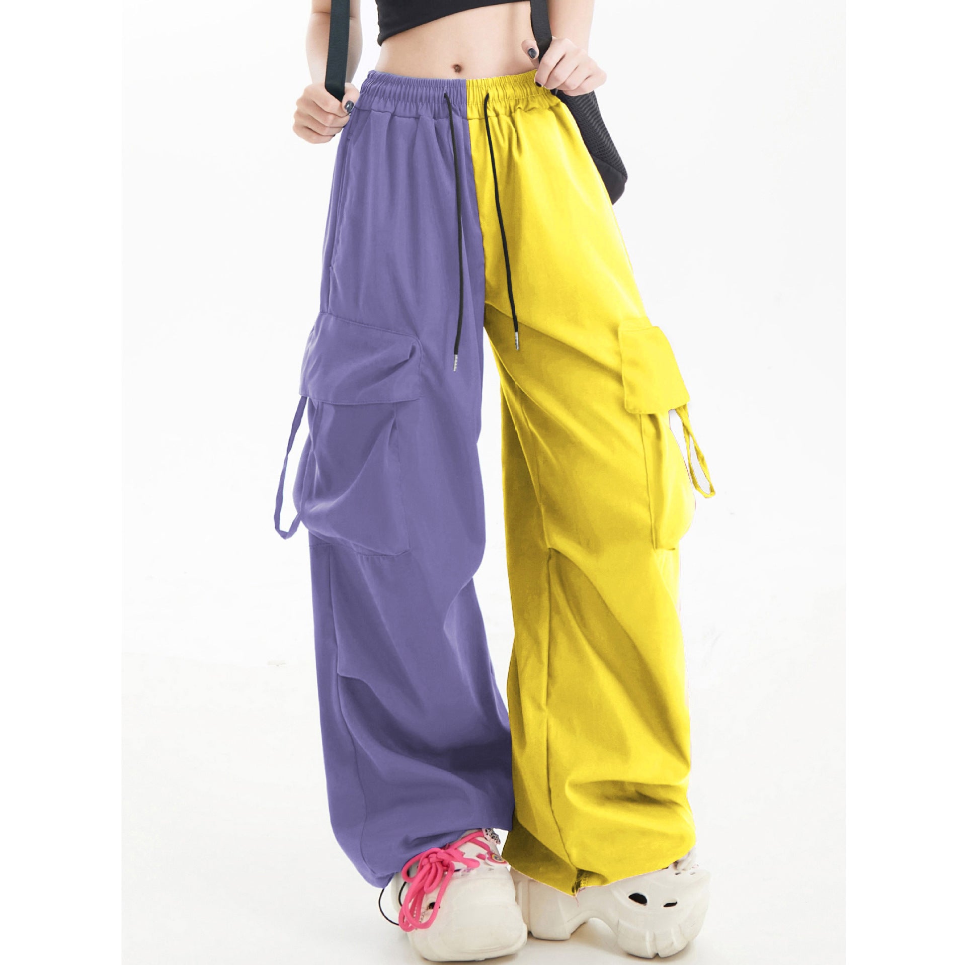 American Contrast Color Loose Wide Leg Cargo Pants Hip Hop Color Matching Fashion Casual Sports Trousers for Women 5