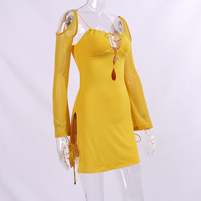 Women Long Sleeve Lace Up Hollow Out Long Sleeve Dress 8