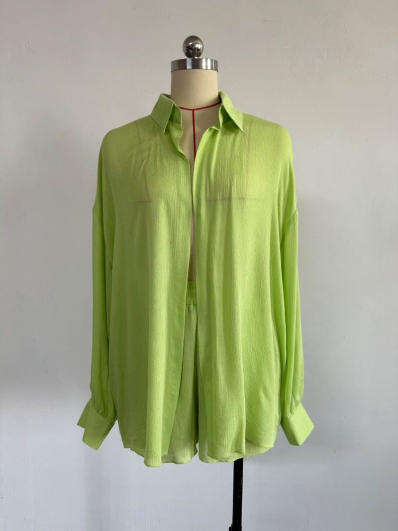 Women Solid Loose Turndown Collar Shirt and Wide Leg Shorts Casual Two-Piece Set 8