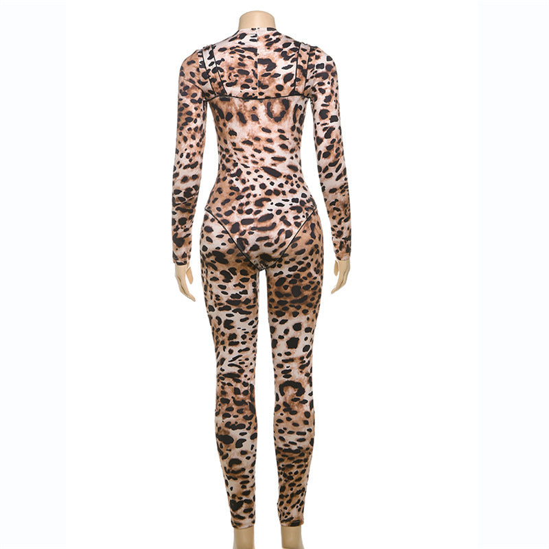 Women Sexy Contrast Leopard Round Neck Long Sleeve Jumpsuit 16