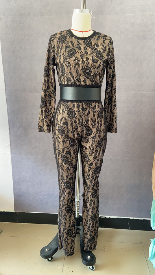 Women Lace Crew Neck Long Sleeve Slim Jumpsuit 9