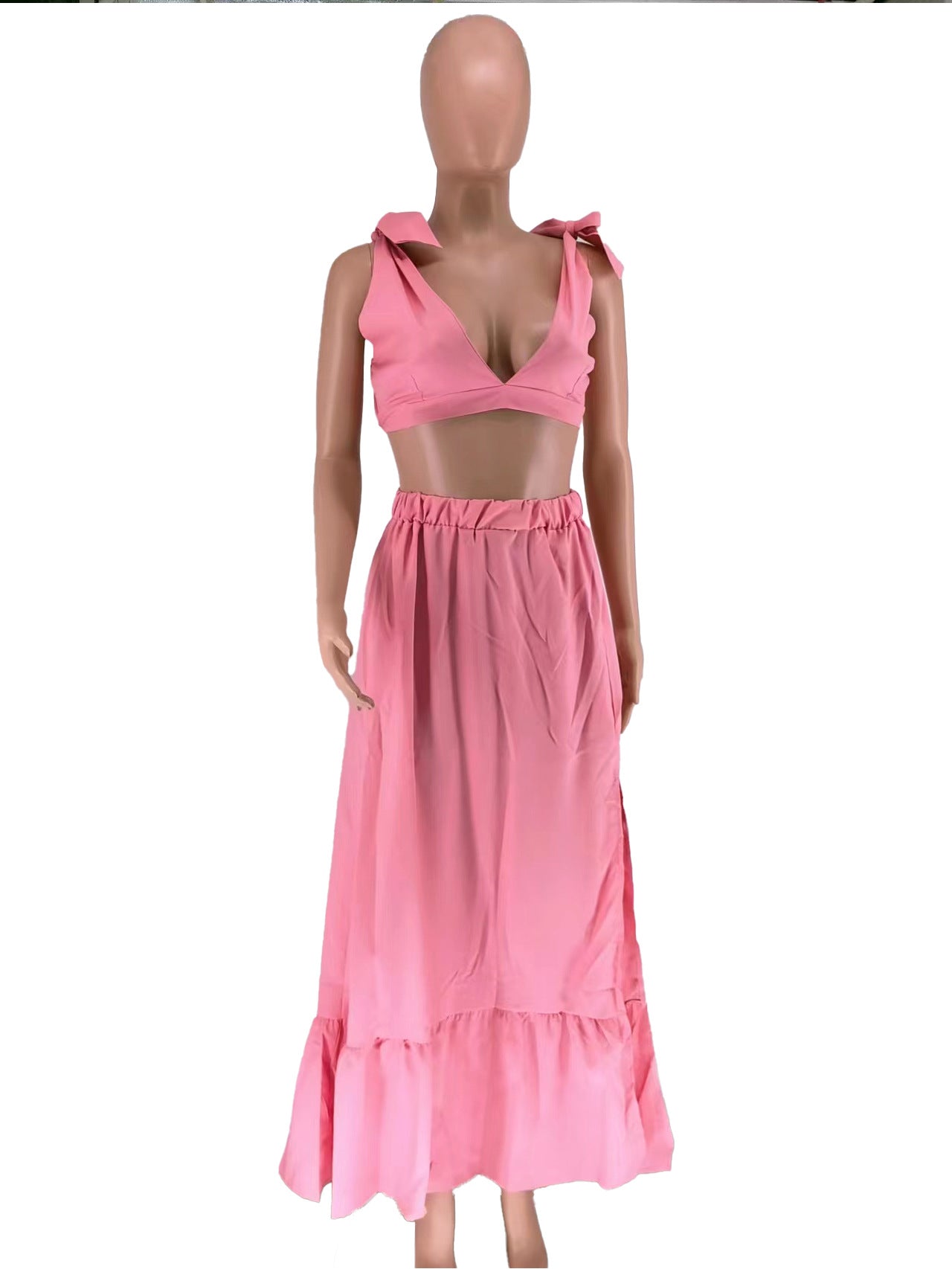 Women's Solid Color V-Neck Lace-Up Tank Top+Slit Long Skirt Two Piece Set 13