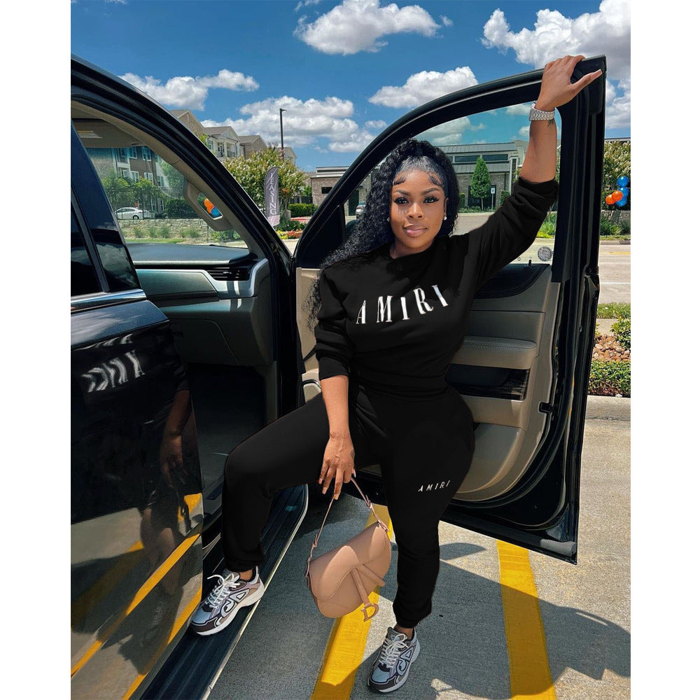 Women'S Printed Round Neck Pullover Two-Piece Pants Set