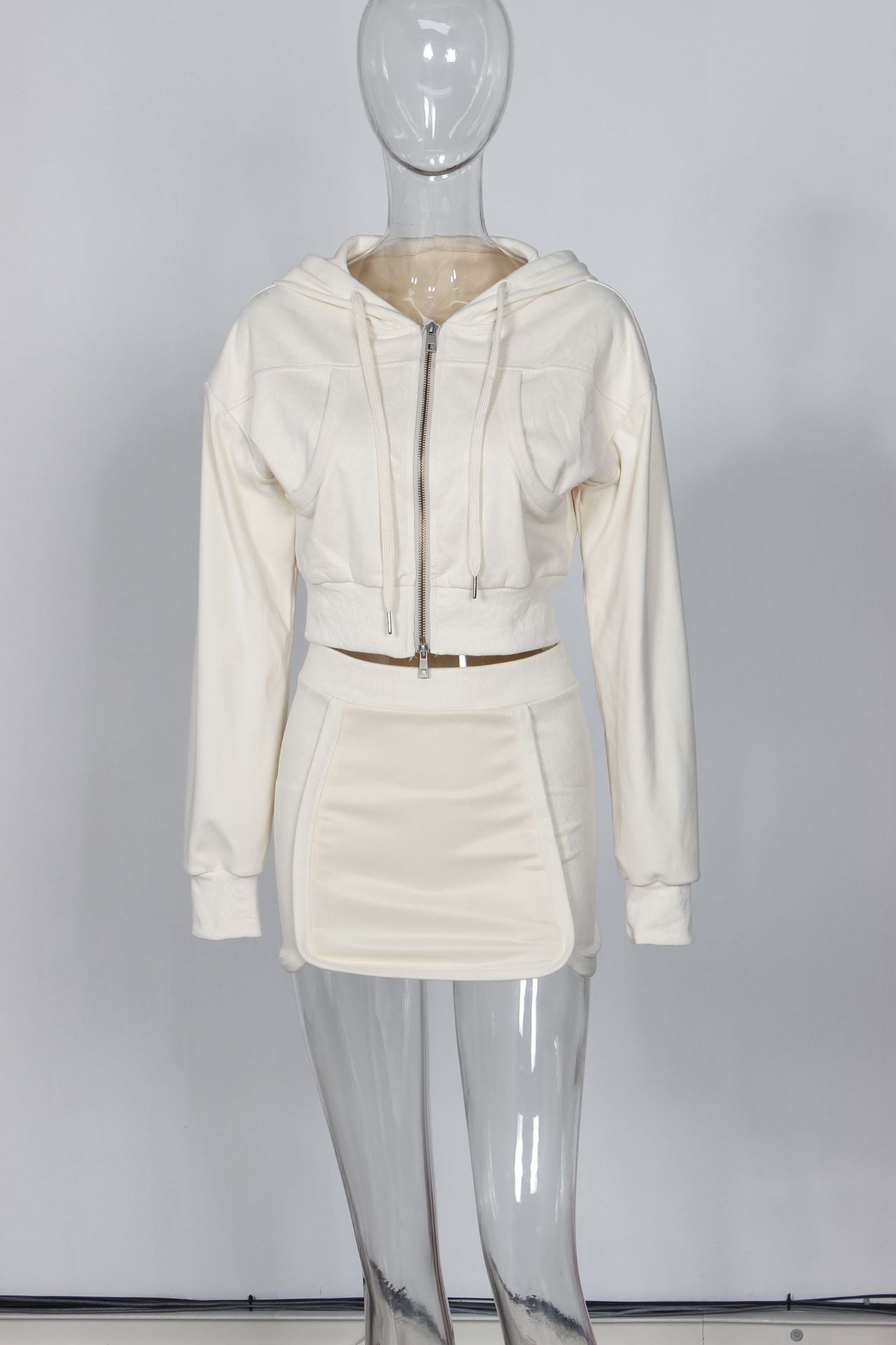 Spring Solid Color Casual Zippered Long Sleeve Hoodies slim short Skirt Set 11