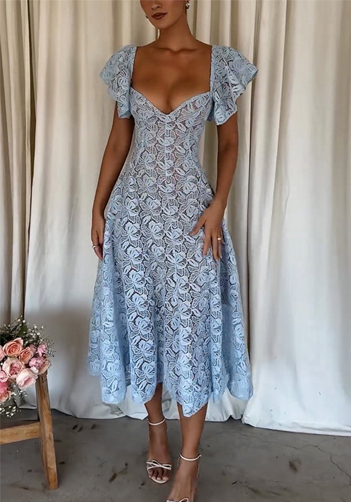 Women Spring Autumn Lace Ruffle Sleeve Casual Loose Party Dress