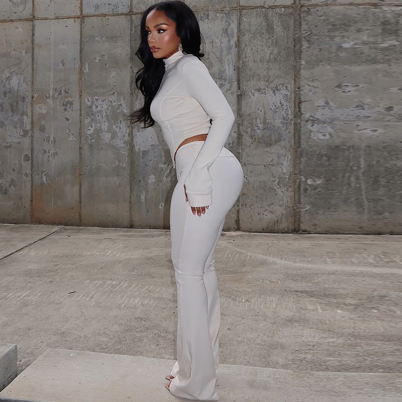 Women Pleated Zipper Solid Long Sleeve Stand Collar Crop Top and Long PantsTwo Piece Set 6