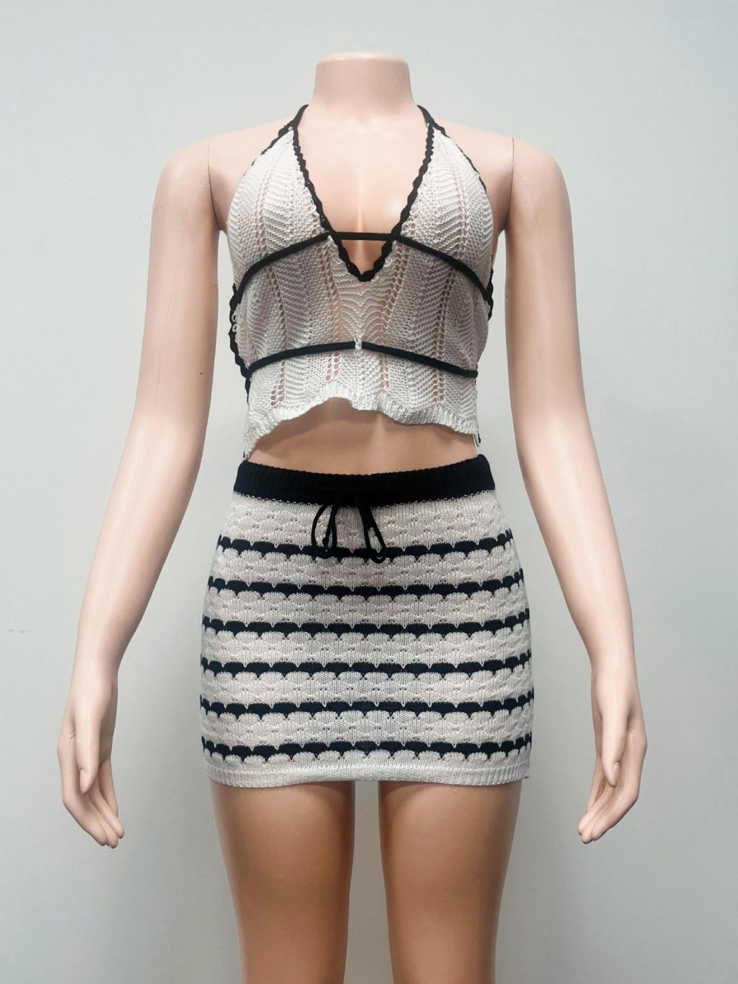 Women Sexy Summer V-Neck Halter Neck Backless Knitting Top Skirt Two-Piece Set 7