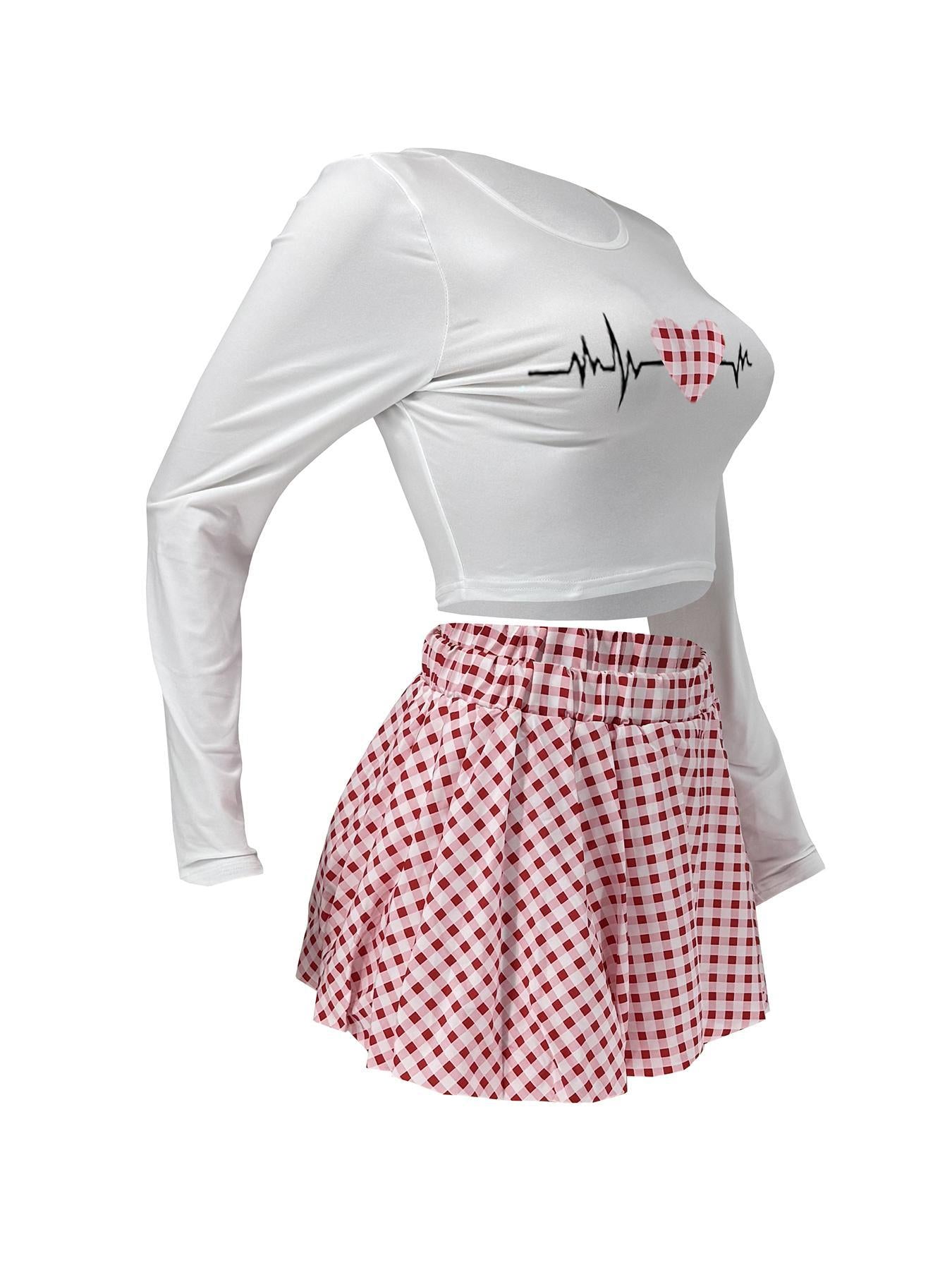 Women Casual Top and Plaid Flower Bud Skirt Two-piece Set 24