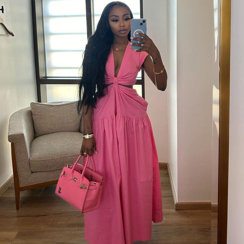 Women's Summer Open Waist Solid Color Long Dress 5