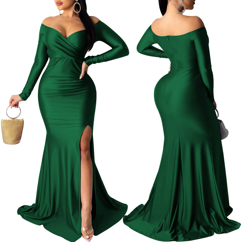Sexy Fashion Big V-Neck Solid Off Shoulder Slit Evening Dress 9
