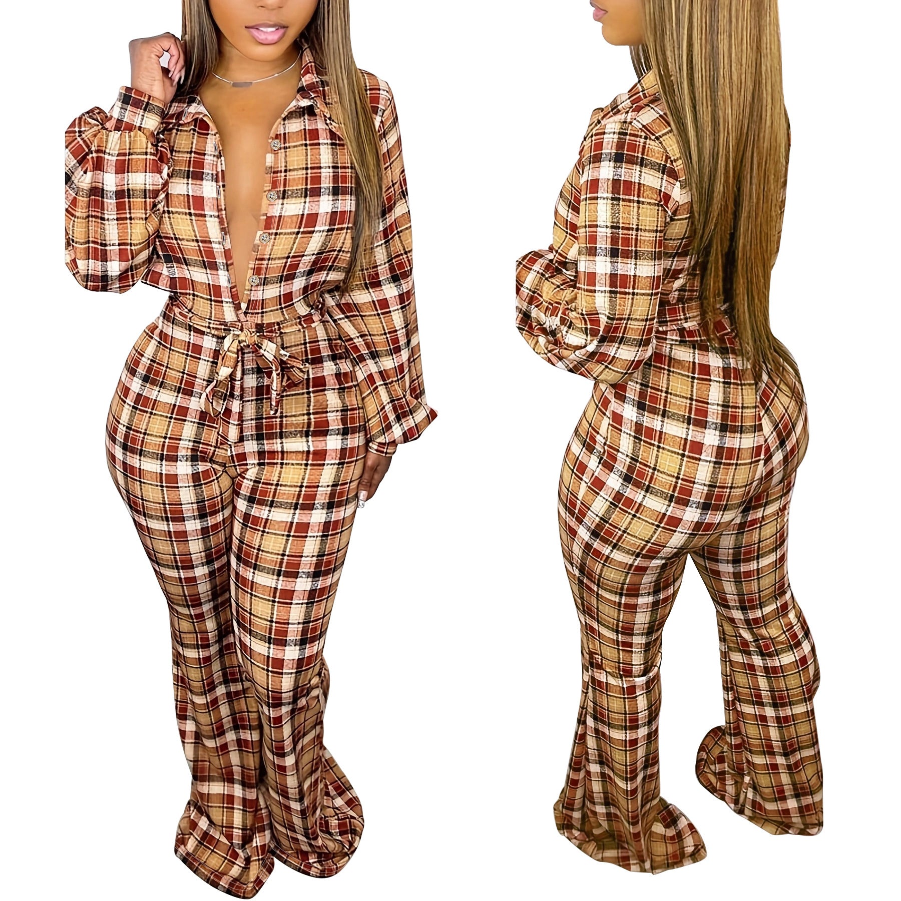 Plus Size Women's Autumn Fashion Long Sleeve Plaid Print Casual Jumpsuit 6