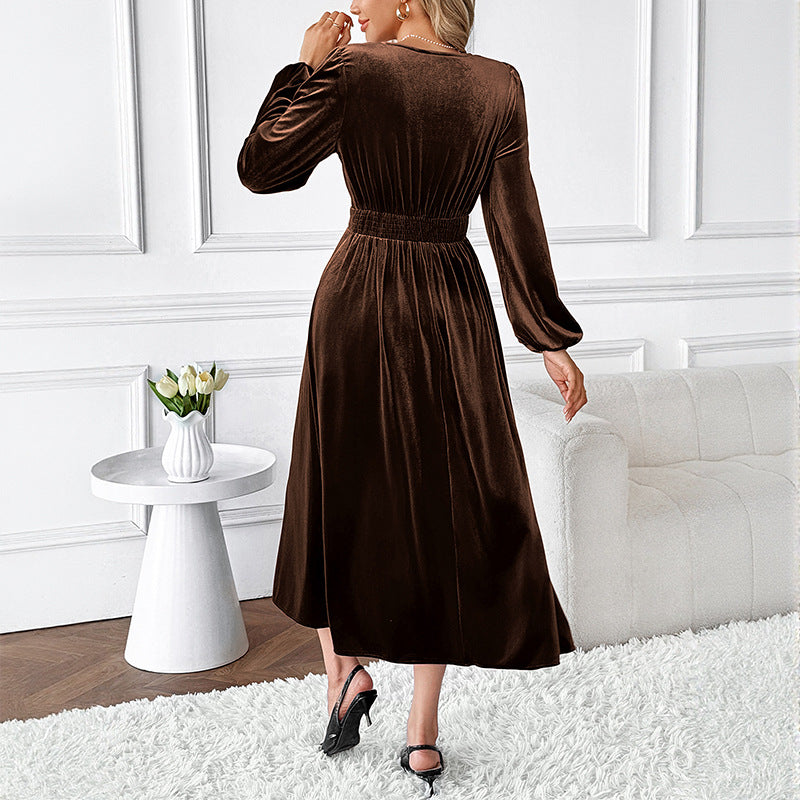 Women Fall/Winter Patchwork Lace V-Neck Long-Sleeved Velvet Maxi Dress 3