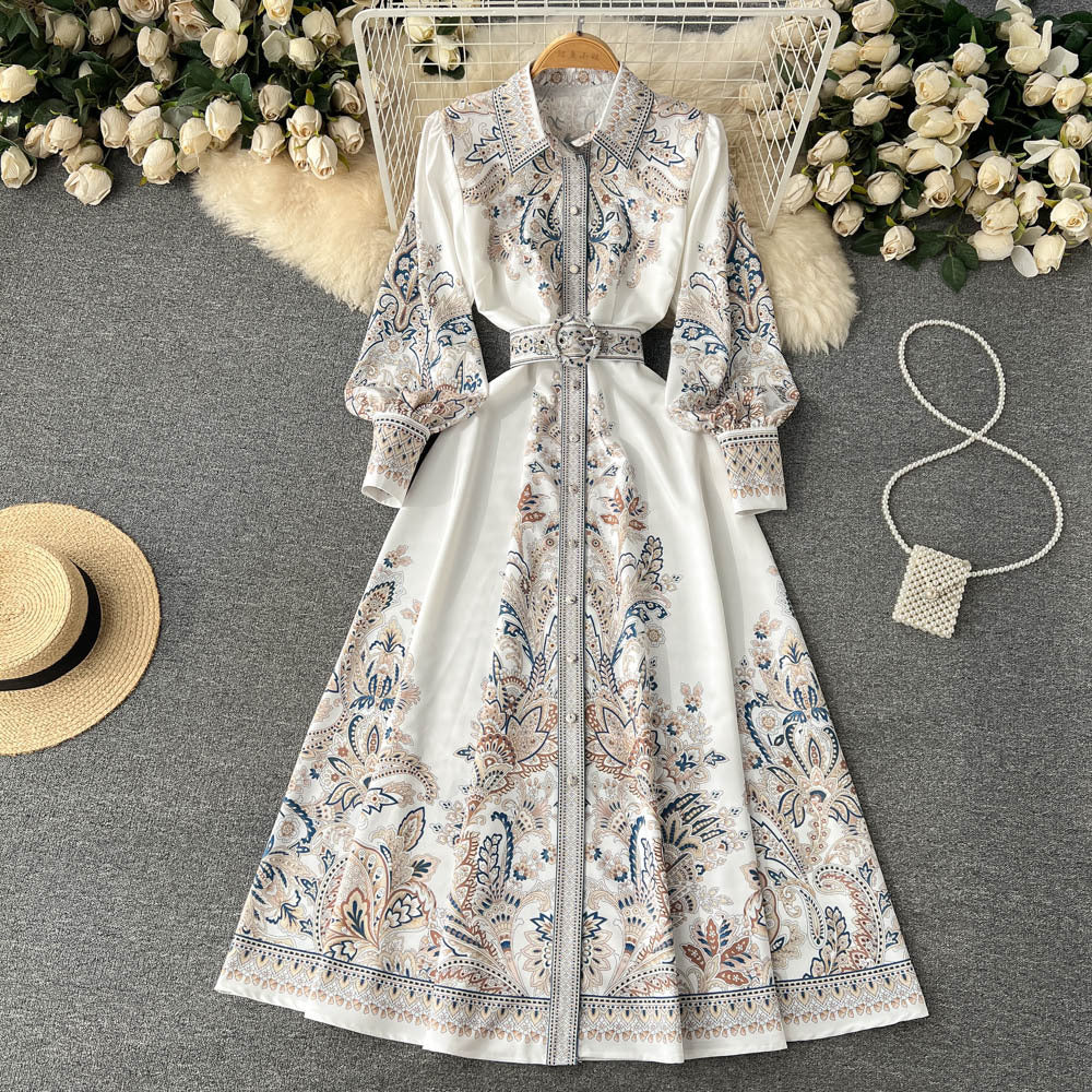 Spring And Autumn Lantern Sleeves Turndown Collar Single-Breasted Button Printed Dress Women Slim Waist Swing Long Dress 7