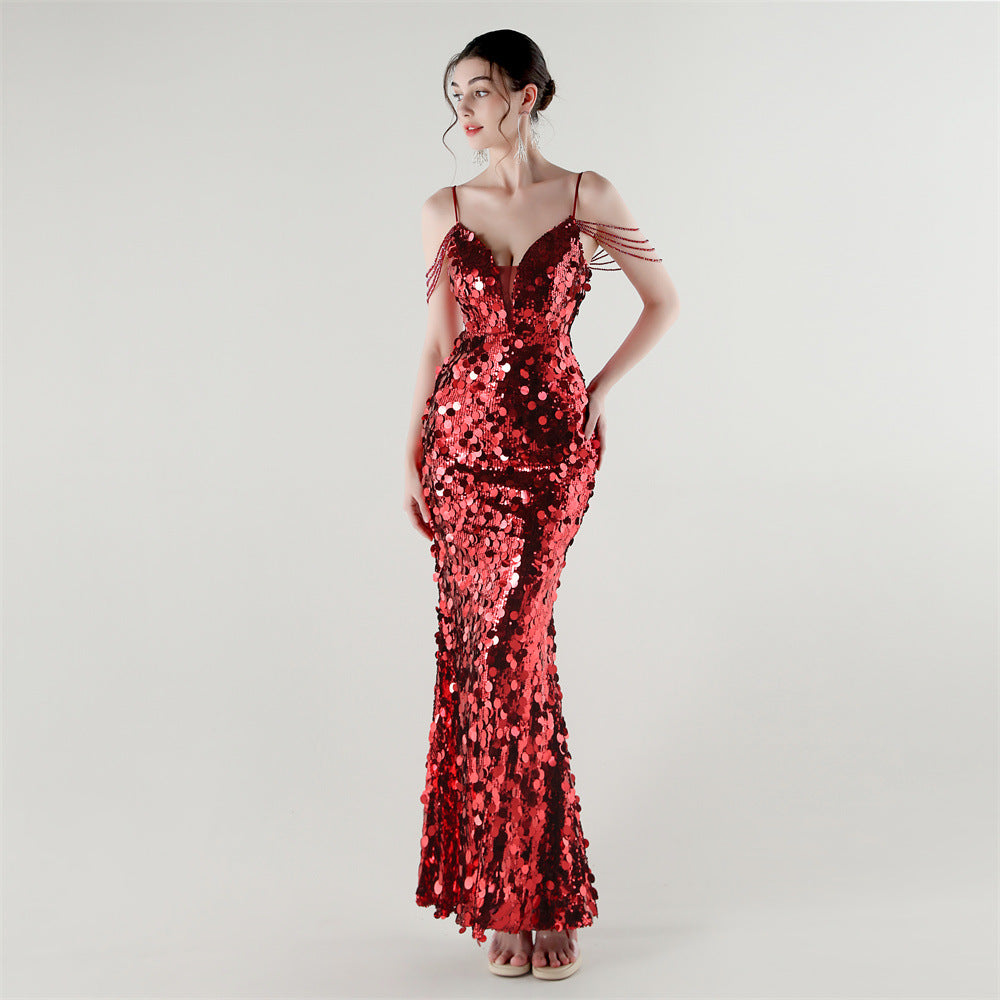 Tassel Sequined Deep V-Neck Low Back Fishtail Evening Dress for Summer Dinners 14