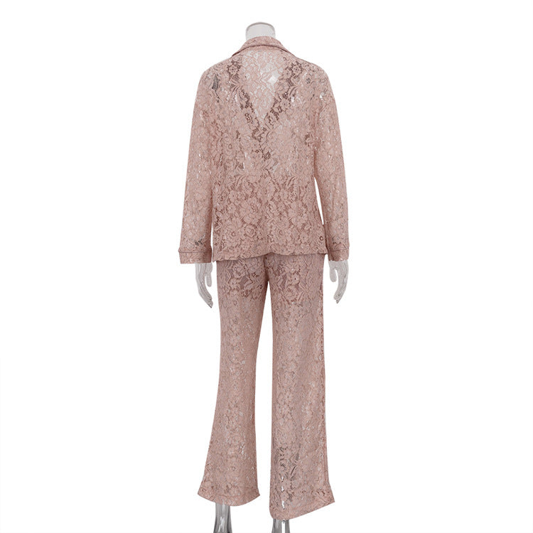 Women Lace See-Through Turndown Collar shirt and trousers Two Piece Set 9