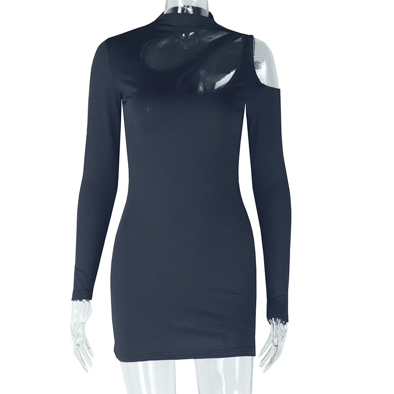 Women's Fashion Sexy Long Sleeve Round Neck Solid Color Tight Fitting Bodycon Short Dress 4
