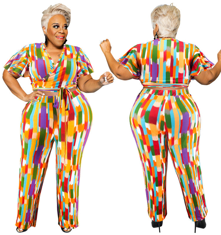 Plus Size Women's Spring Short Sleeve Top and Pants Set 7