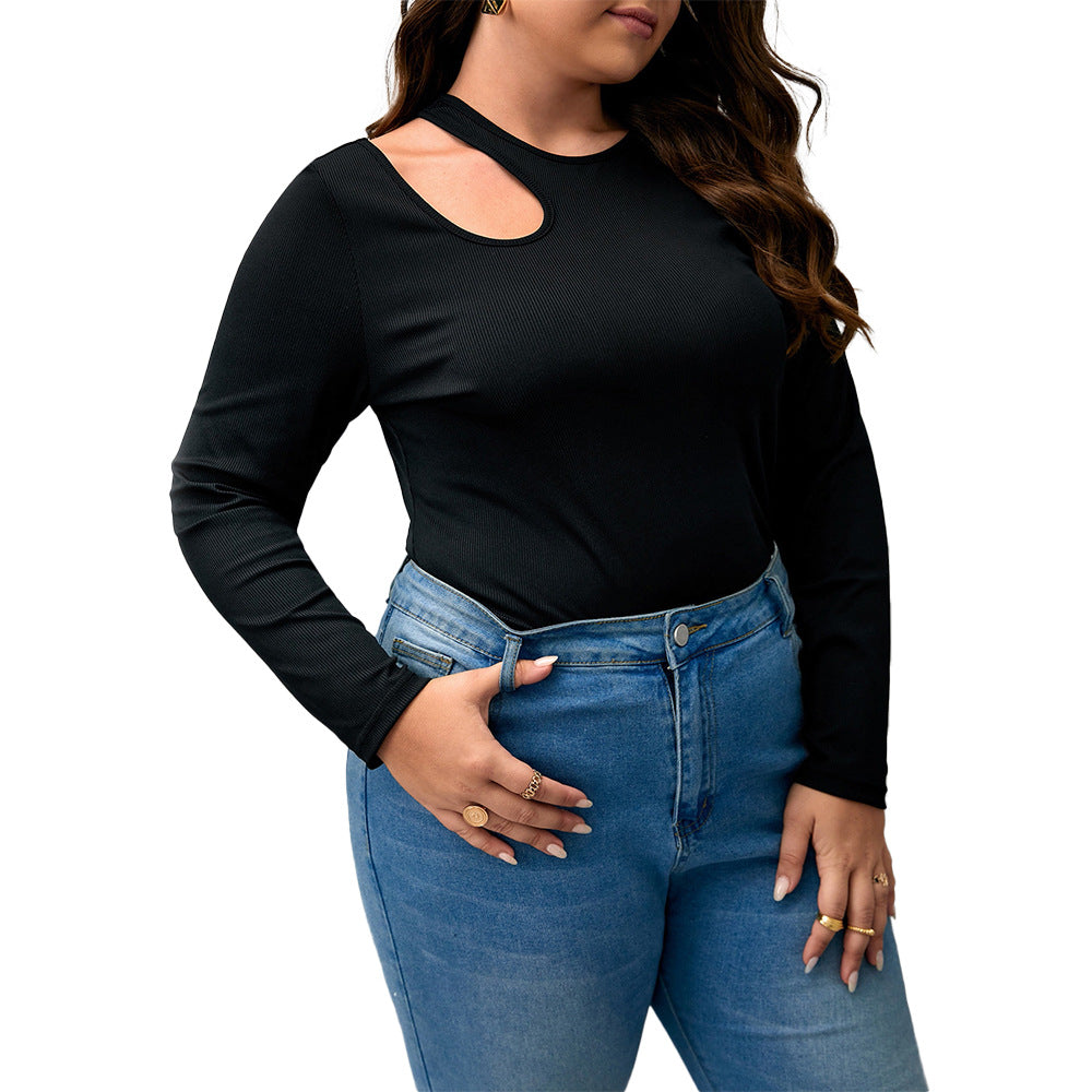 Plus Size Women's Black Ribbed Knitting Shirt Round Neck Long Sleeve Slim Fit Basics Hollow Top 6