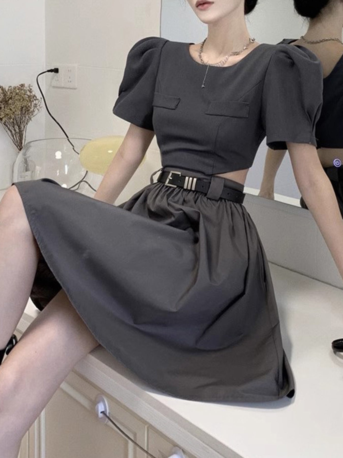 Summer Short Sleeve Hollow Slim Open Waist Slim Fit Dress 7