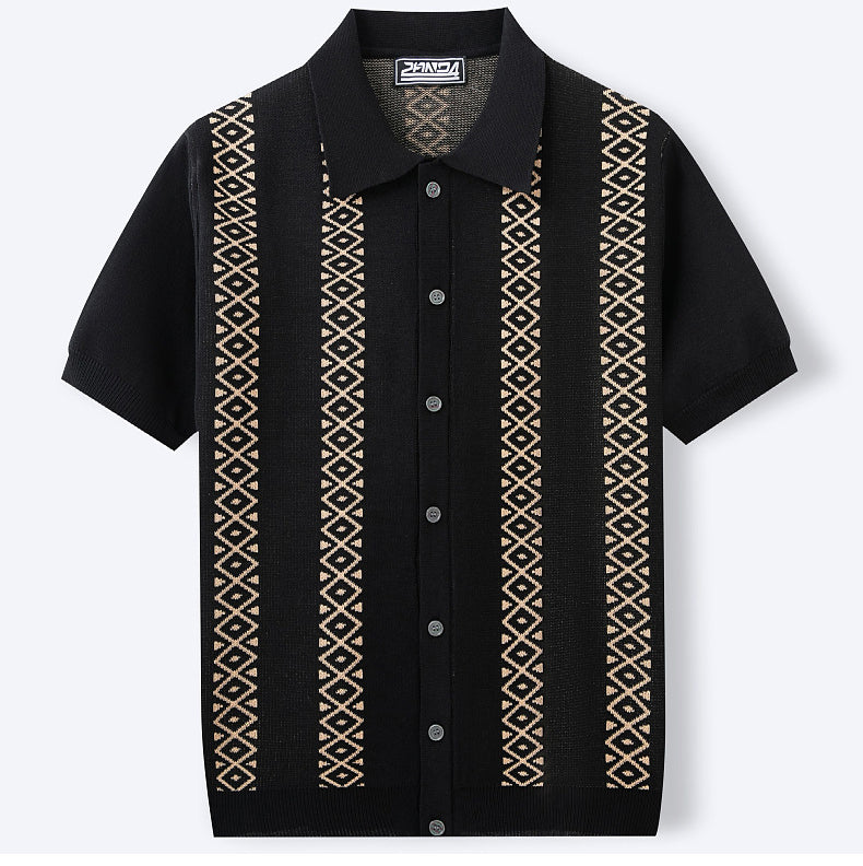 Men's Summer Striped Jacquard Knitting Short Sleeve Polo Top 9