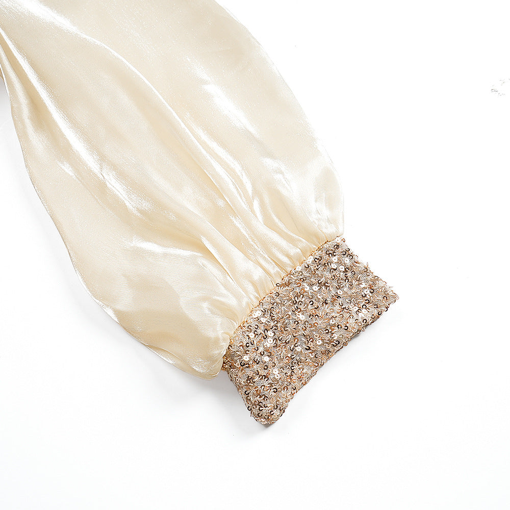 African Plus Size Women's Fashion Puff Sleeve Party Dress Beaded Sequin High Waist Gown 19