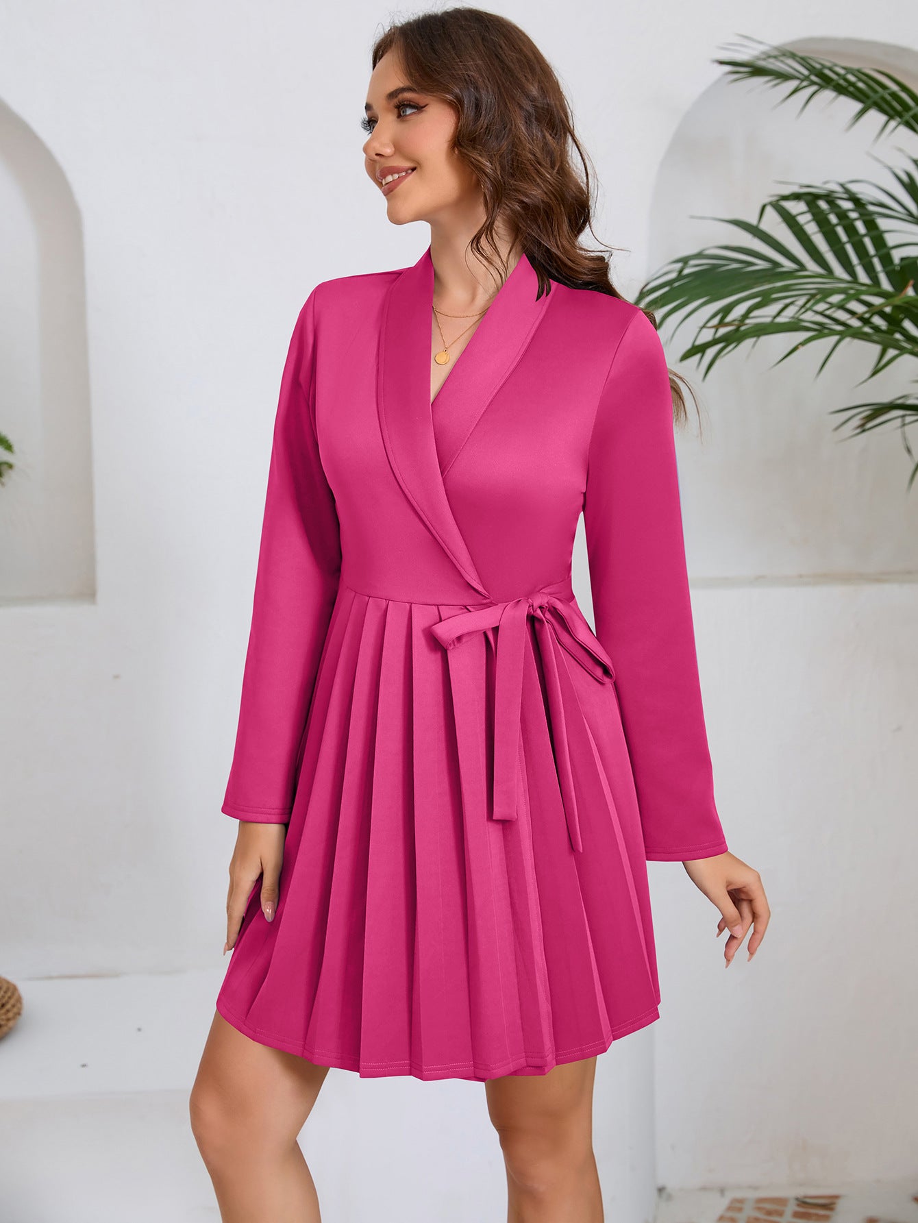 Women's Autumn winter Turndown Collar Long Sleeve Pleated Professional career Dress 8