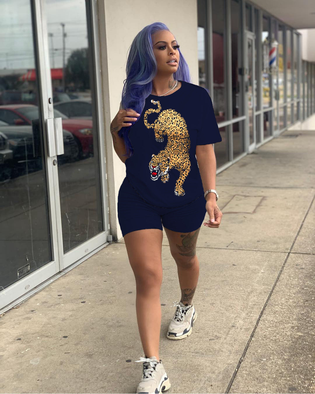 Women Casual Solid printed short-sleeved top and shorts two-piece set 5