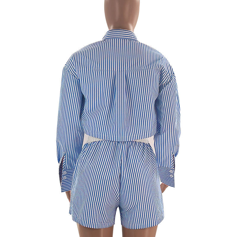 Fashion Casual Women Summer Striped Long Sleeve Shirt Elastic Waist Shorts Two-Piece Set 14