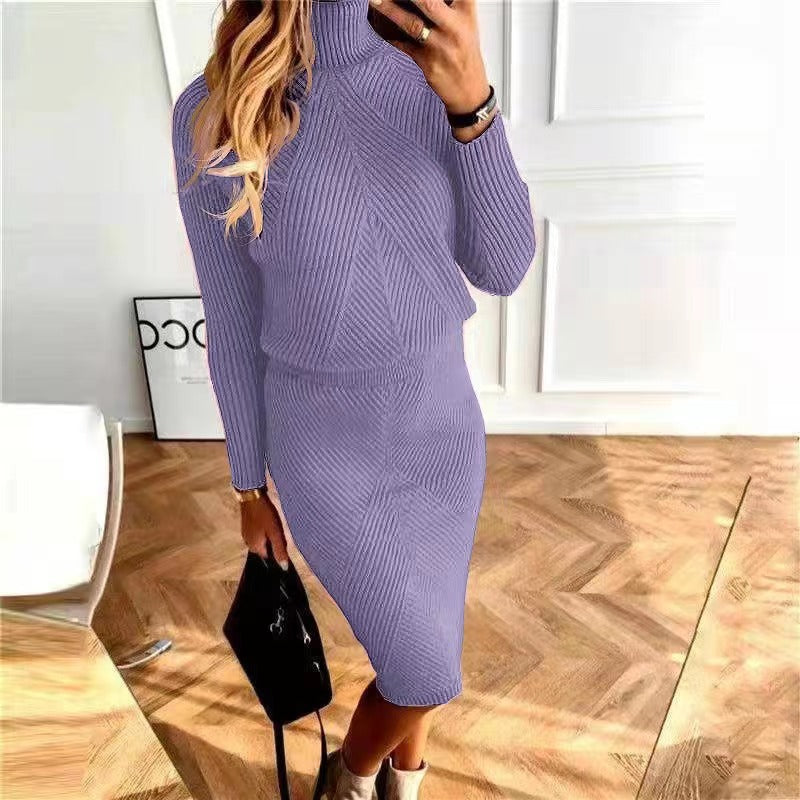 Women turtleneck knitting Solid sweater and Skirt two-piece set 16