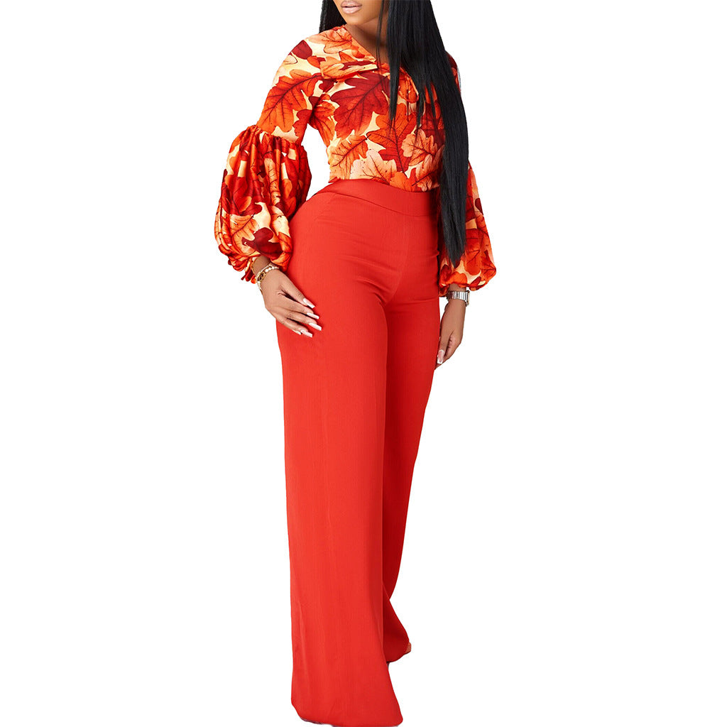 Plus Size Women's Fashion Print Lace-Up Top Wide Leg Pants Two-Piece Set 8