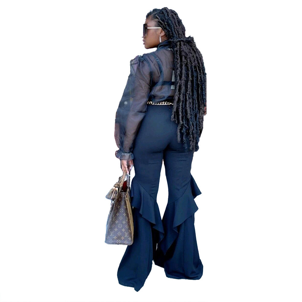 Sexy Mesh Tops Bell Bottom Pants Women's Casual Two Piece Set 5