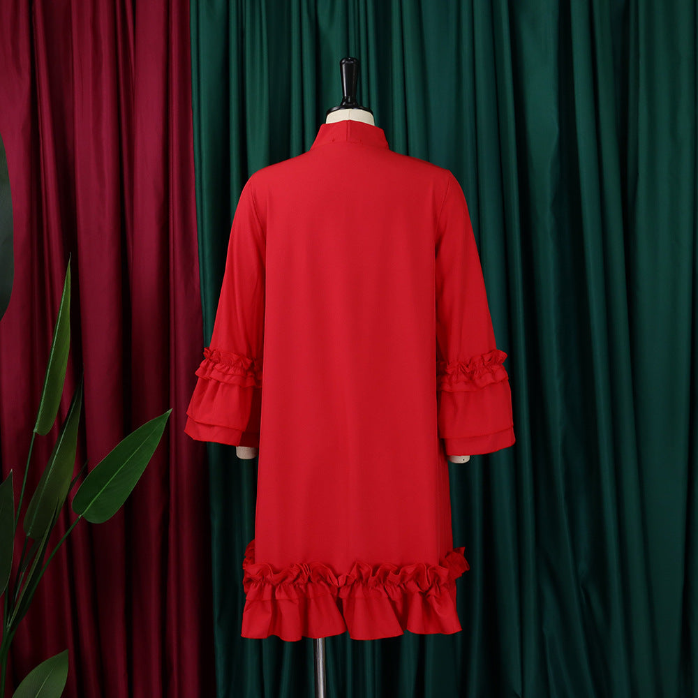 Women Loose CasualRuffle Edge Solid Dress 22