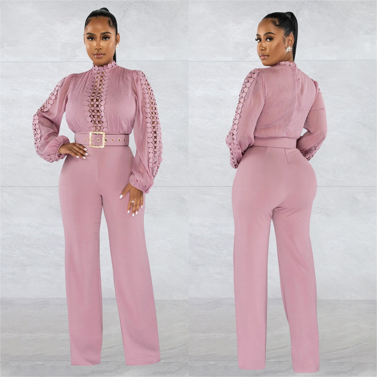 Women Belt Lace Cutout Solid Long Sleeve Jumpsuit 10