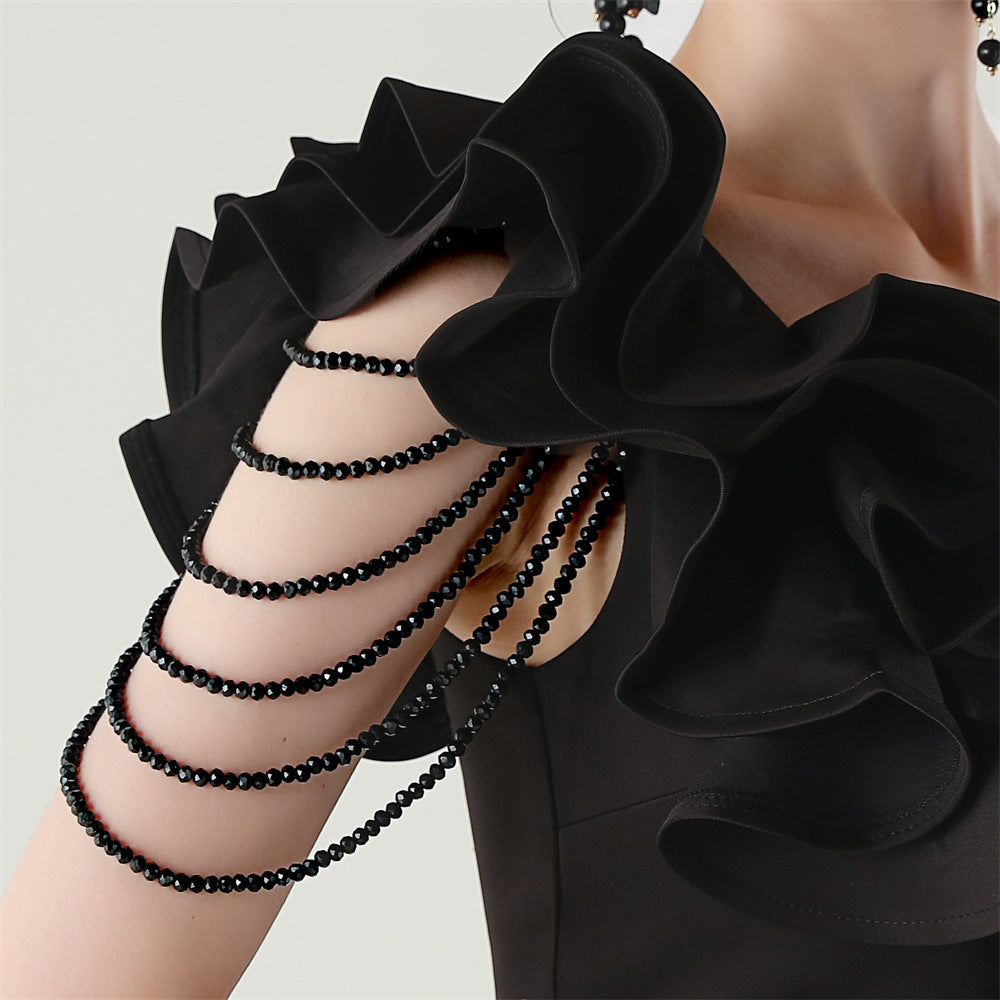 Women One-Shoulder Beaded Wool and Floral Satin Slit Sexy Evening Dress 67