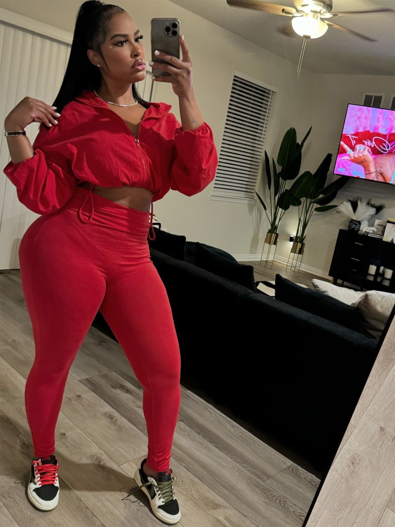 Women Sexy drawstring crop top and trousers two-piece set 5